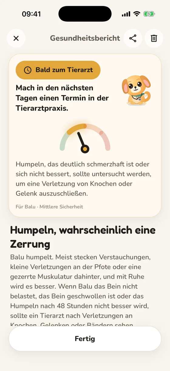Pawsy-Gesundheitsbericht mit der Dringlichkeitsstufe „Bald zum Tierarzt“