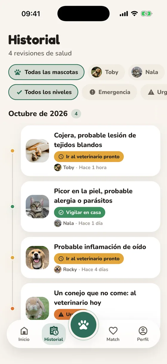 Historial de revisiones de Pawsy, filtrable por mascota y urgencia