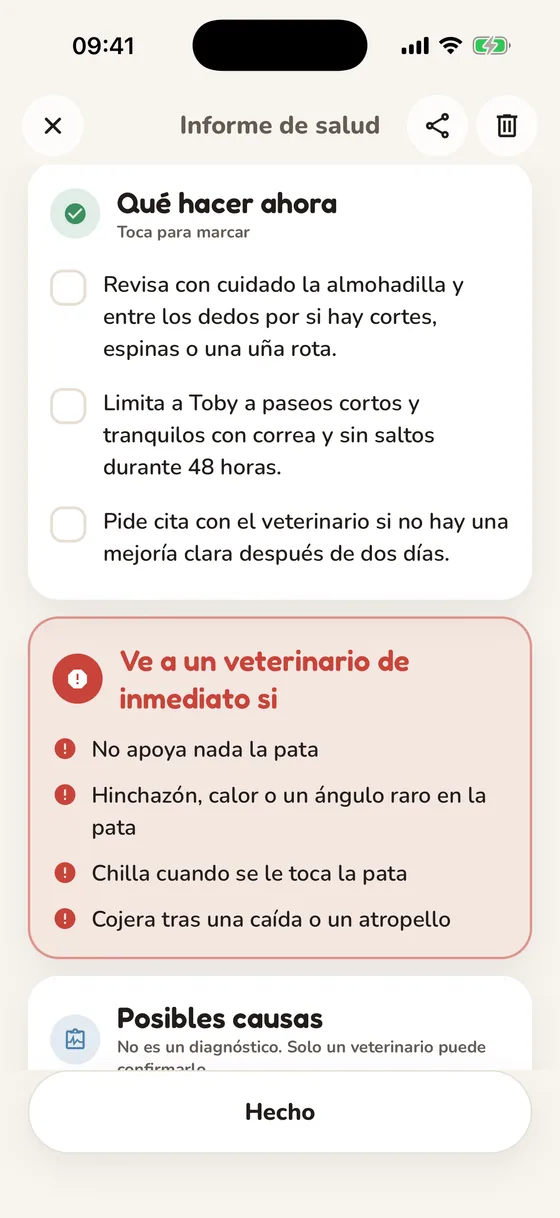 Informe de Pawsy con la lista de qué hacer ahora y las señales de alarma