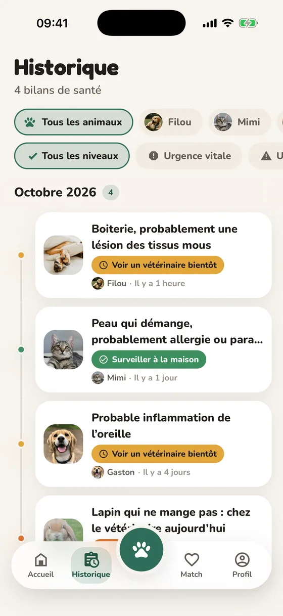 Historique des bilans Pawsy, filtrable par animal et par urgence