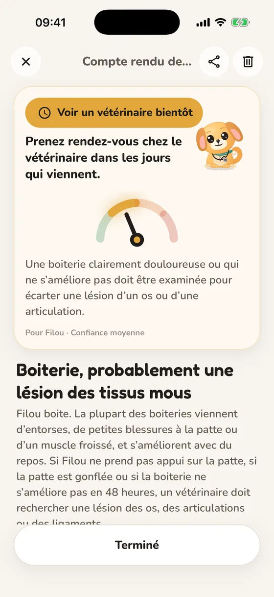 Rapport de santé Pawsy avec le niveau d’urgence « Voir un vétérinaire bientôt »