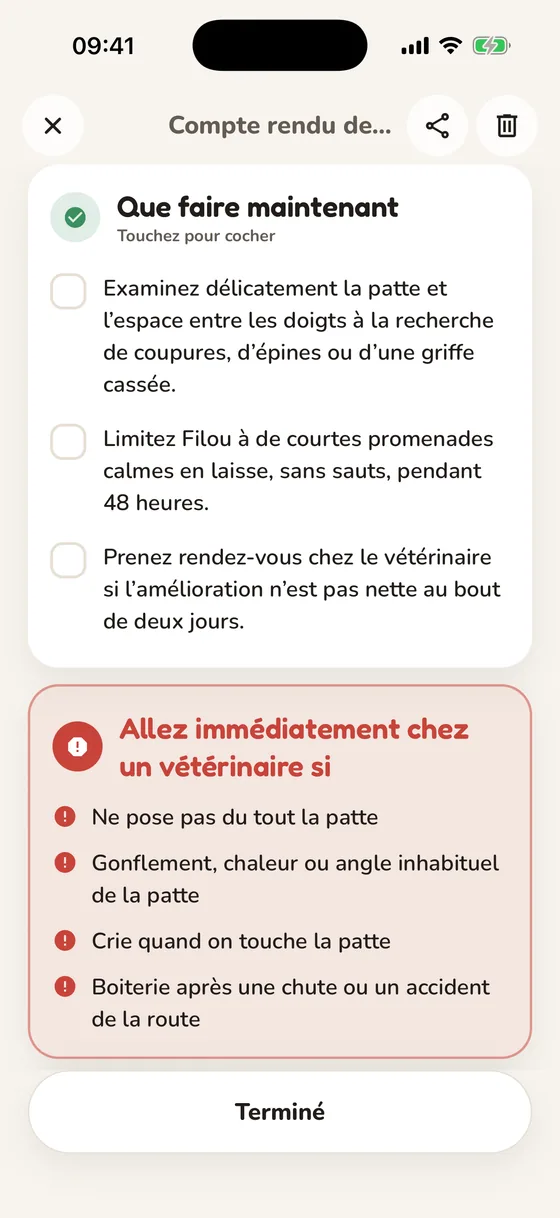 Rapport Pawsy avec la liste de ce qu’il faut faire maintenant et les signes d’alerte