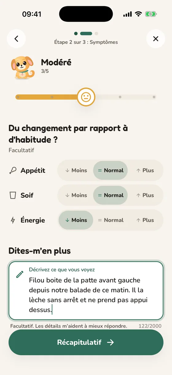 Écran Pawsy pour décrire les symptômes et leur gravité
