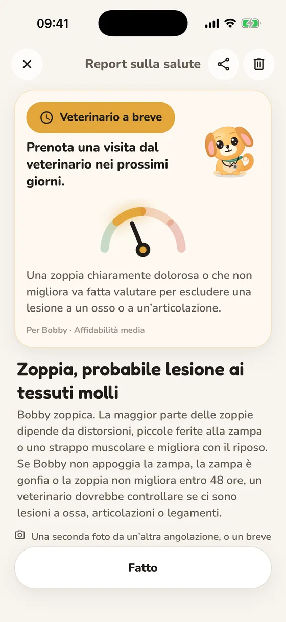Report di salute di Pawsy con il livello di urgenza «Veterinario a breve»