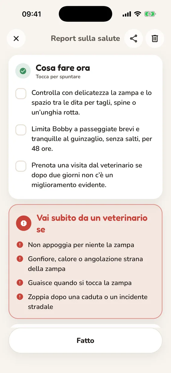 Report di Pawsy con la lista di cosa fare adesso e i segnali d’allarme