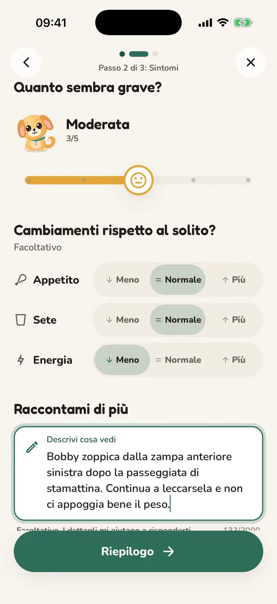 Schermata di Pawsy in cui descrivi i sintomi e la loro gravità