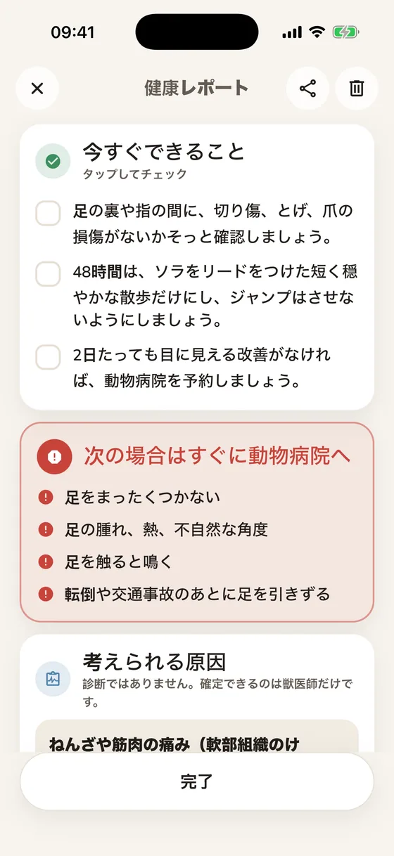 今すぐやることのリストと受診すべきサインがあるPawsyのレポート