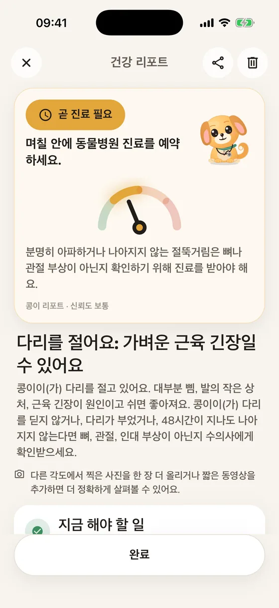 긴급도 “곧 진료 필요”를 보여 주는 Pawsy 건강 리포트