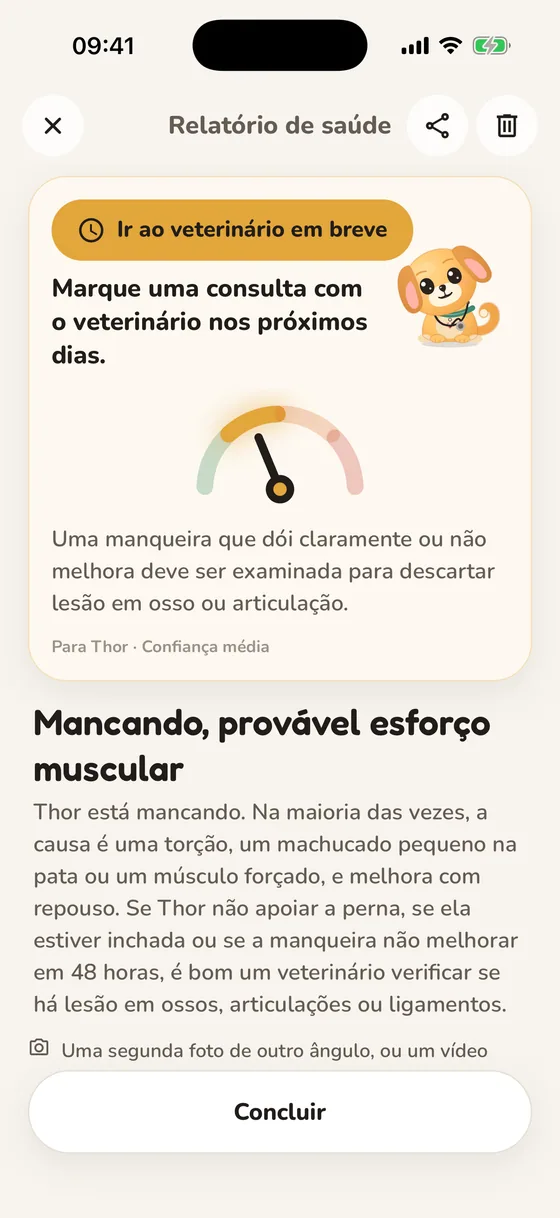 Relatório de saúde do Pawsy com o nível de urgência “Ir ao veterinário em breve”